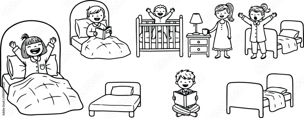 Fototapeta premium Line art sleepy children waking up in beds reading and stretching in bedroom scene with nightstand and lamp happy crib