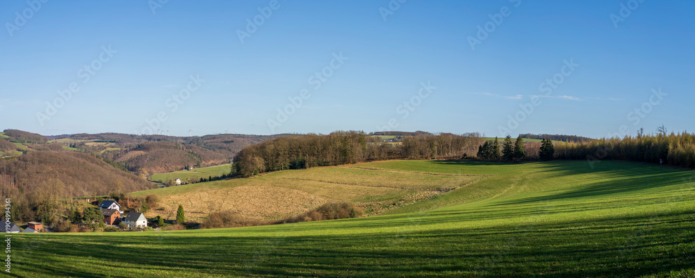 Naklejka premium Panoramic landscape with rolling hills and a distant row of wind turbines in soft haze, wide rural scenery showing real life renewable energy in Europe, Germany