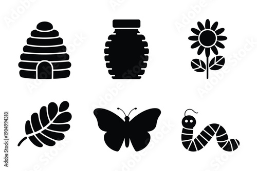 Black and white icons representing elements of nature and beekeeping isolated on white background, Vector, illustration
