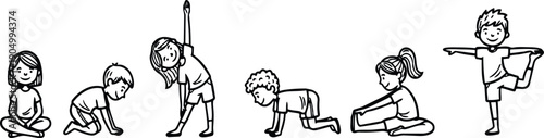 Line art sequence of six children performing yoga and stretching poses in playful classroom with calm mood wearing casual clothes