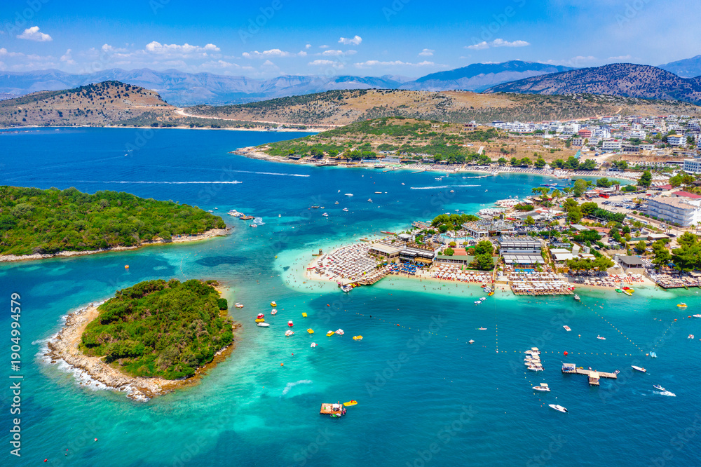 Fototapeta premium View of Bora Bora beach in Ksamil, Albanian Riviera. Ksamil islands are located near the Saranda, Albania.