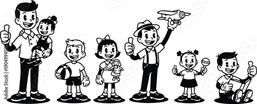 Retro cartoon vector family father holding child with kids playing toys thumbs up vintage mid century black white smiling cheerful