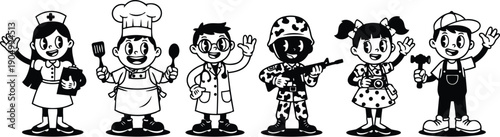 Retro cartoon vector lineup of six children dressed as nurse chef doctor soldier photographer builder waving in black and white
