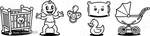 Line art vector baby set with standing toddler smiling pacifier crib pillow rubber duck stroller isolated black stroke front view
