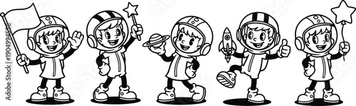 Line art cartoon vector of five cheerful kids in astronaut helmets holding flag rocket and star wand giving thumbs up