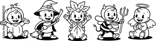 Retro cartoon close up row of five smiling babies in pumpkin witch leaf bee devil and angel costumes sitting black