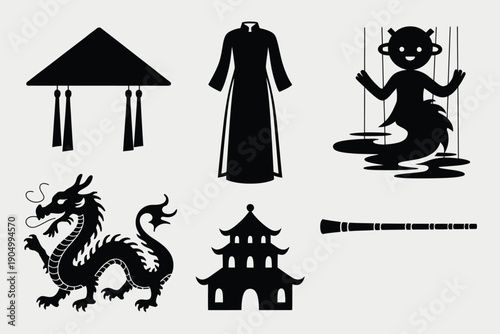 Symbolic icons representing traditional east asian cultural elements and folklore isolated on white background, Vector, illustration