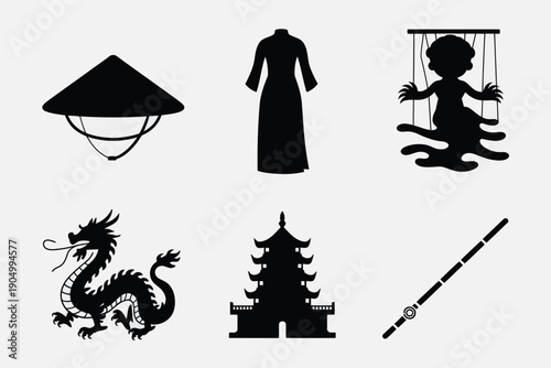 Traditional east asian symbolic and cultural artifacts isolated on white background, Vector, illustration