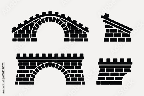 Four different styles of brick arch and wall designs in black and white illustration isolated on white background, Vector, illustration