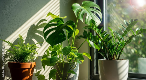 Lush green houseplants flourishing by a sunny window with dappled light and sun flare, showcasing a biophilic design concept for natural home decor