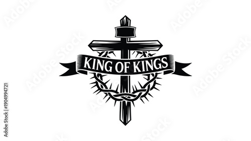 Black cross with crown of thorns and king of kings banner