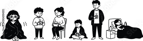 Line art family caring for sick child with blanket tea and thermometer at home simple vector scene calm quiet morning