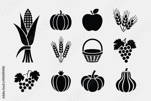 Black and white icons representing various agricultural and harvest symbols. isolated on white background, Vector, illustration