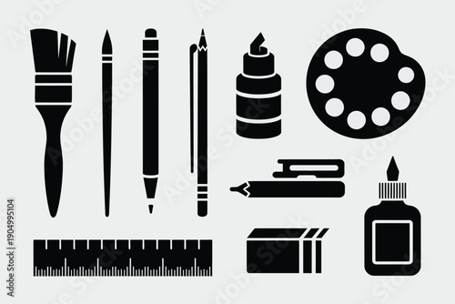 Assorted classic art and drawing tools in black and white illustration style isolated on white background, Vector, illustration