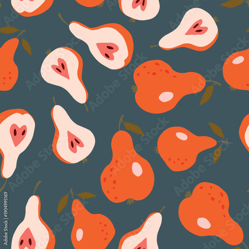 Seamless pattern with pear on color background. Natural delicious fresh ripe tasty fruit. Sweet pears with leaves. Food concept. Vector illustration for print, fabric, textile.