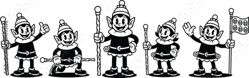 Retro cartoon elf character lineup holding staffs and flag in vintage rubber hose vector art black and white christmas cheerful