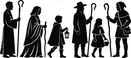 Silhouette vector procession side view of pilgrims and children walking with staffs and lantern in black cloaks medieval rural scene