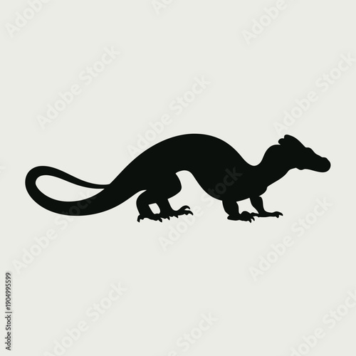 Black silhouette of a platypus walking along a flat surface with a long tail extended isolated on white background, Vector, illustration