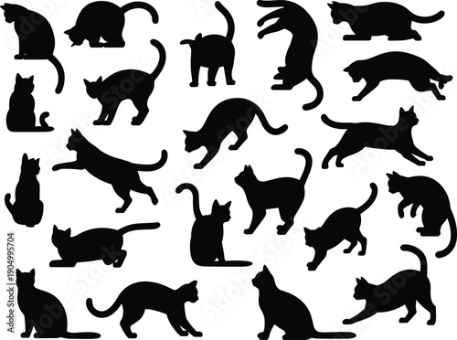 Cat Silhouettes Collection Showing Playful Sitting Walking and Jumping Poses, Cute Domestic Animal Behavior Set, Isolated Black Vector Illustration on White Background
