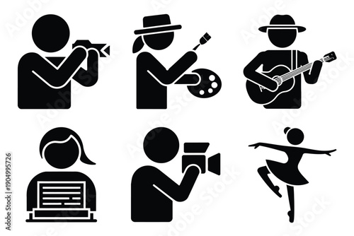 Six icons representing different artistic and creative professions isolated on white background, Vector, illustration