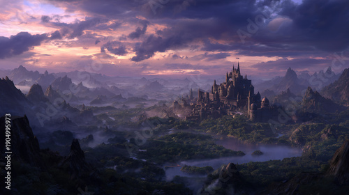 Epic dark fantasy castle on a mountain peak with a dragon silhouette, mystical gothic fortress in pink sunset clouds, dramatic medieval landscape with mist and ruins