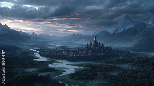 Epic fantasy city and medieval castle built on mountain hills by the river, majestic kingdom landscape at sunset with dramatic clouds and mist, cinematic world building