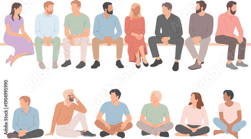 People Sitting Illustration Set Showing Diverse Adults in Casual Clothing, Waiting Resting and Social Interaction Poses, Modern Flat Vector Lifestyle Characters Collection