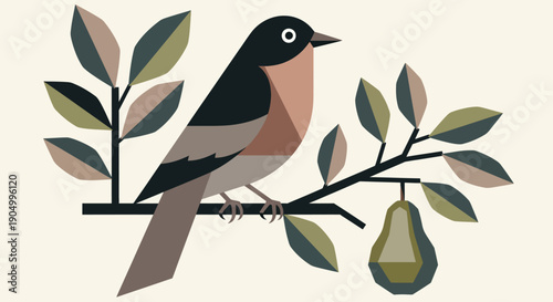 A bird perched on a branch surrounded by leaves and a pear in a serene natural setting from a side viewpoint