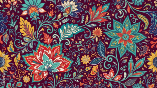 Vibrant Floral Pattern with Leaves and Flowers in Full Bloom, Showcasing Intricate Details and Colors from a Close-up Viewpoint