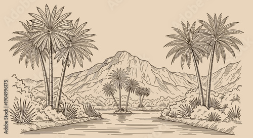 Serene tropical landscape with palm trees and mountainous terrain viewed from a tranquil riverbank with lush vegetation surrounding the water