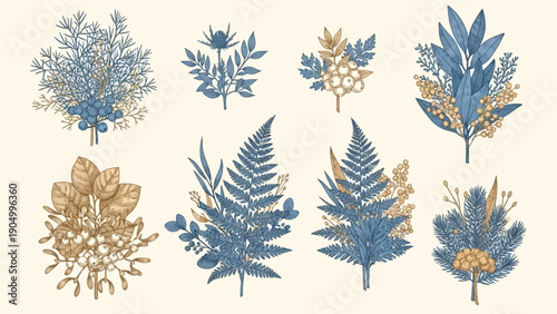 Collection of assorted blue and gold botanical illustrations featuring various plant species from different viewpoints