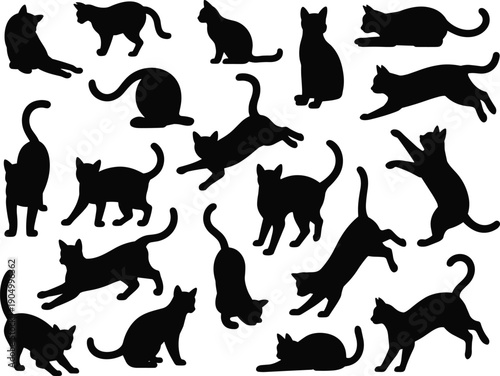 Playful Cat Silhouettes Set Featuring Sitting Walking Jumping and Stretching Feline Poses, Cute Domestic Pet Behavior Collection, Isolated Black Vector Illustration