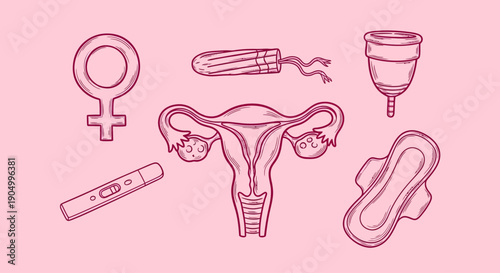 Female reproductive health icons and symbols surrounding a uterus illustration in a pink environment from a direct viewpoint