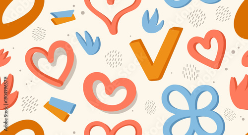 A vibrant illustration featuring various colorful hearts and hands in a playful pattern from a top-down viewpoint