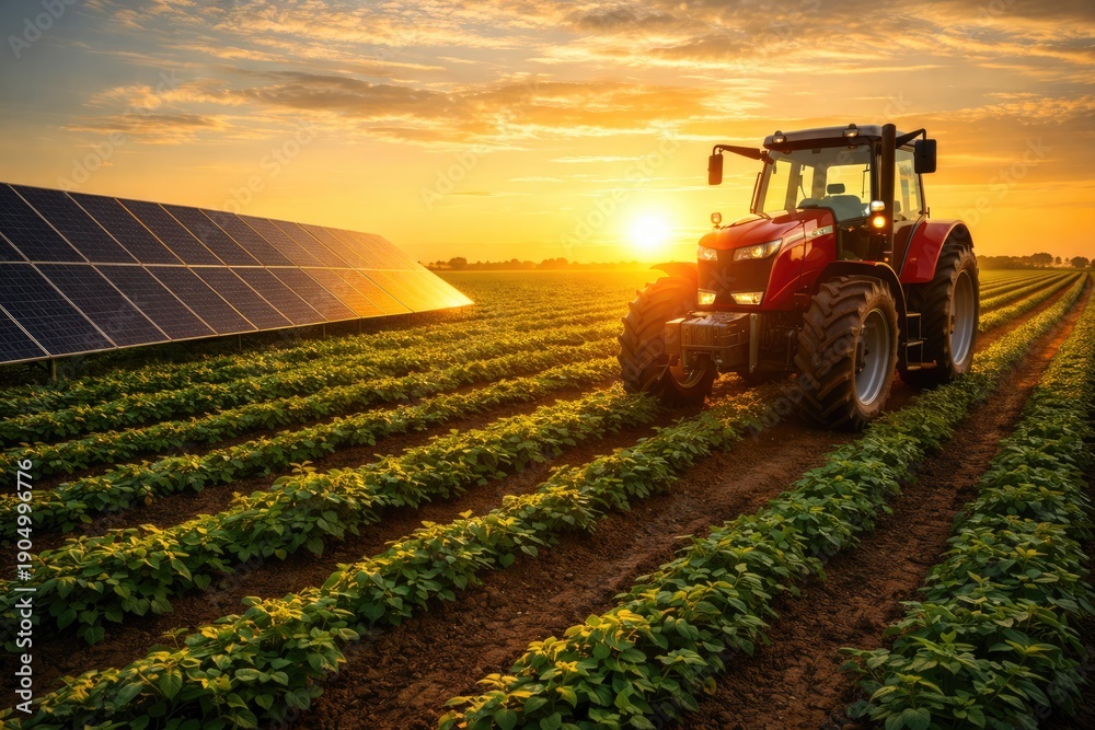 Obraz premium Modern tractor working beside solar panels in crop field at sunset