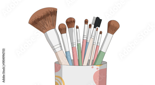 Various makeup brushes in a decorative container, showcasing different sizes and shapes of bristles, viewed from the front.