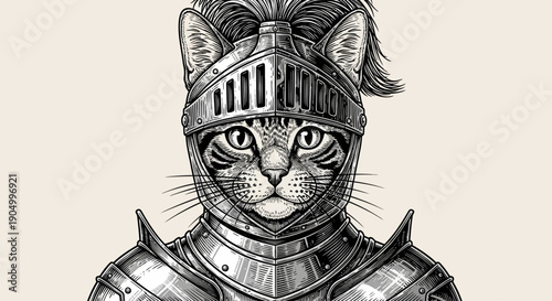 A regal cat in medieval armor gazes forward with a determined expression from a detailed illustration