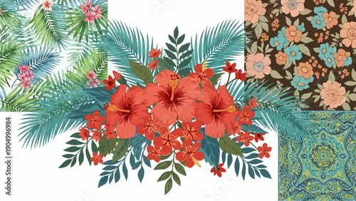 Vibrant floral arrangement with tropical leaves and hibiscus flowers, showcasing diverse patterns and colors in a creative composition from a top viewpoint.