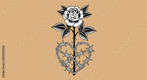 A black and white illustration of a rose with thorns and a heart-shaped cage, symbolizing love and pain, viewed from the front.