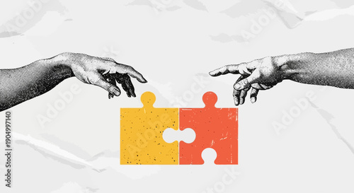 Two hands connecting puzzle pieces in a symbolic representation of unity and collaboration from opposite viewpoints