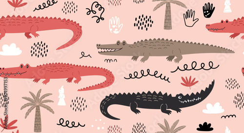 Illustration of crocodiles and palm trees in a tropical environment from a top viewpoint