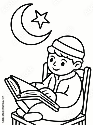 A young boy wearing a cap reads an open book under a crescent moon with a star. isolated on white background, Vector, illustration