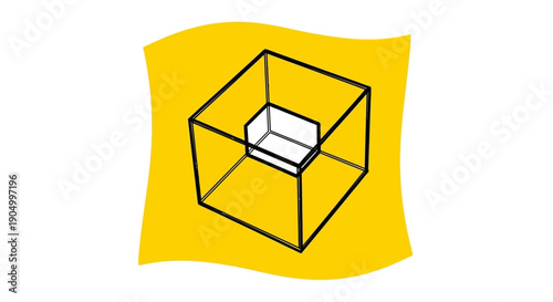 A 3D illustration of a cube with a hollow center on a yellow background viewed from an isometric angle