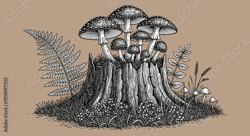 A cluster of mushrooms growing around a tree stump with ferns and plants in a forest environment from a close-up viewpoint
