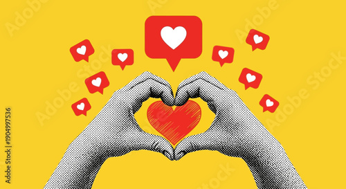 Hands forming a heart shape with social media likes and hearts surrounding them in a digital illustration
