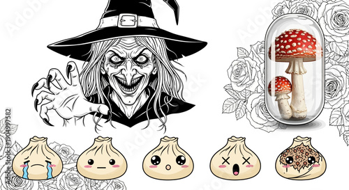Mysterious witch surrounded by dumplings and a jar containing magical mushrooms in an eerie atmosphere from a front viewpoint