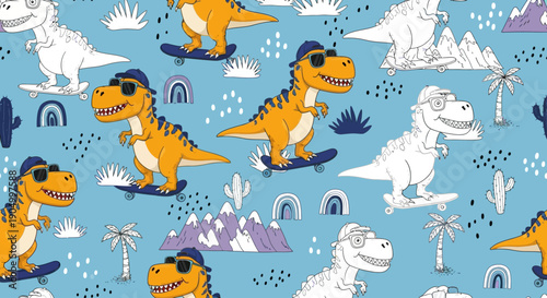 Pattern of cartoon dinosaurs riding skateboards in a prehistoric landscape with cacti and mountains