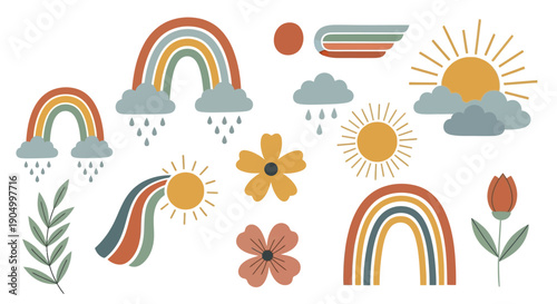 A vibrant collection of weather elements and flowers in a whimsical illustration showcasing rainbows, sunshine, and floral motifs in a playful style