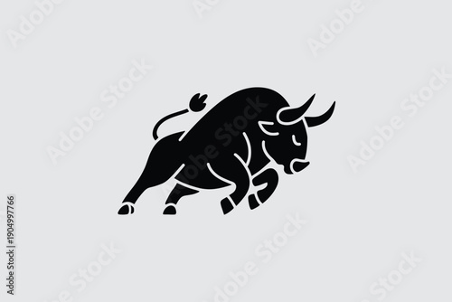 Dynamic black silhouette of a charging bull symbolizing strength and power. isolated on white background, Vector, illustration
