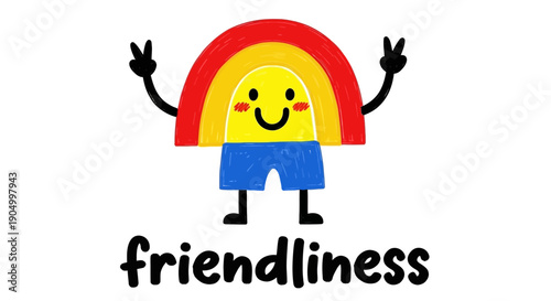 A cartoon character embodying friendliness with a rainbow body standing in a friendly pose